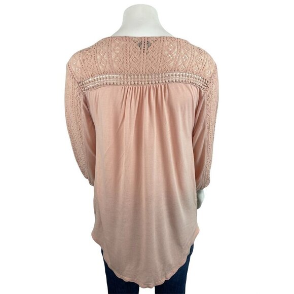 Lucky Brand Medium 3/4 Sleeve Lace Shirt Knit Back Pink Sheer - Picture 3 of 7